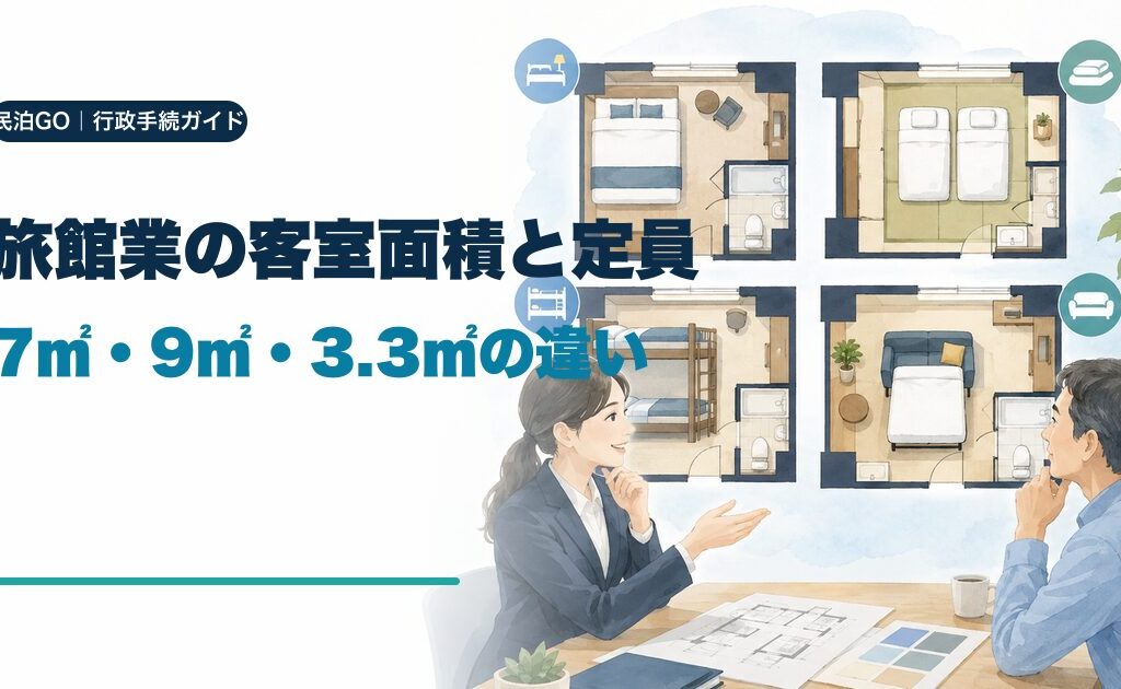 旅館業の客室面積と定員・7㎡・9㎡・3.3㎡の違いを解説するアイキャッチ
