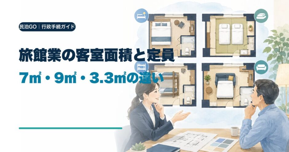 旅館業の客室面積と定員・7㎡・9㎡・3.3㎡の違いを解説するアイキャッチ