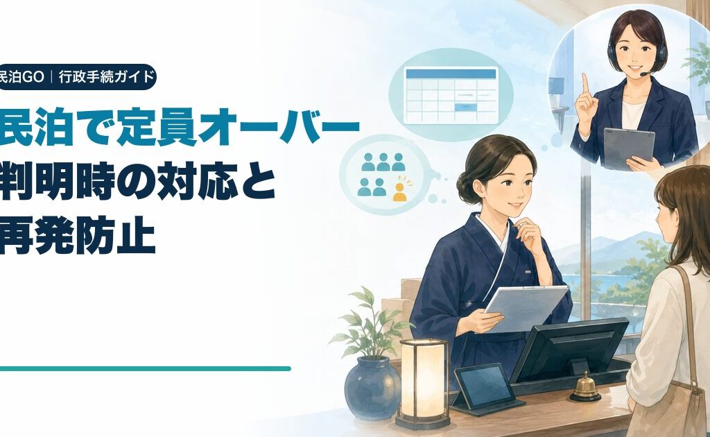 民泊の定員オーバーの対応と再発防止を解説するアイキャッチ