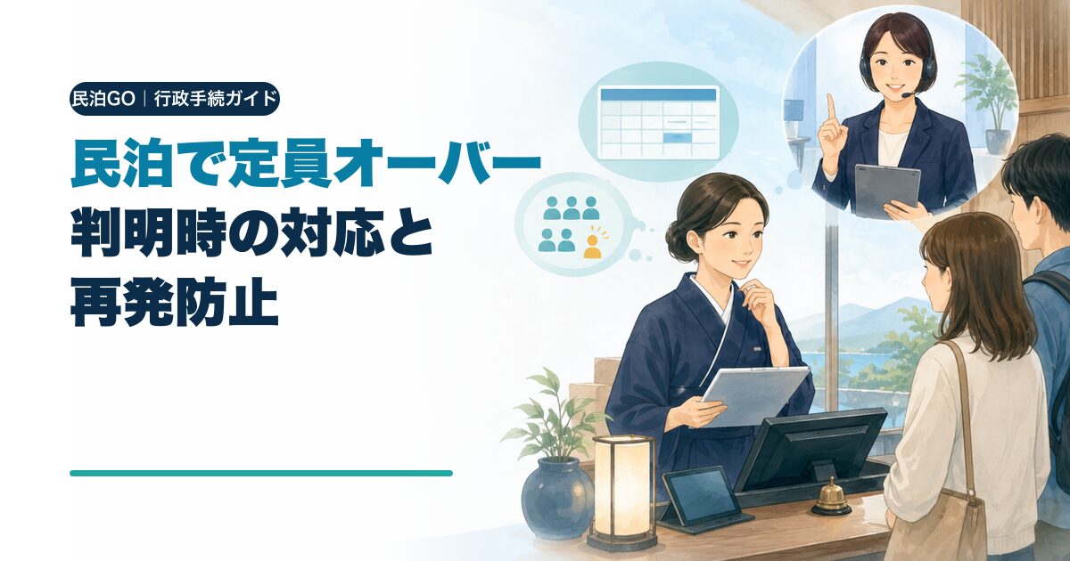 民泊の定員オーバーの対応と再発防止を解説するアイキャッチ