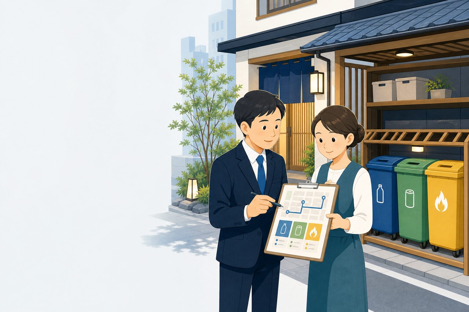 民泊・旅館業施設で行政書士と運営担当者がごみの分別と回収経路を確認している様子