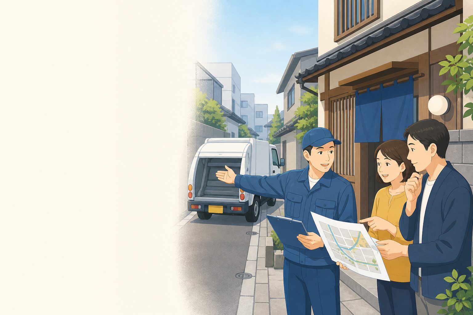 細い道路にある民泊施設でごみ回収業者と事業者が回収条件を確認している様子