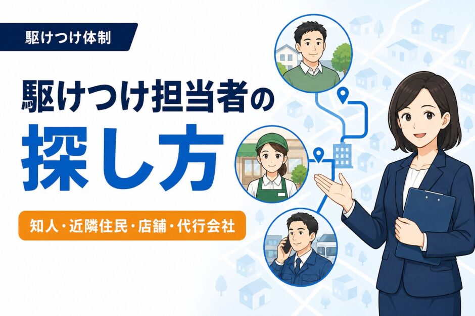 民泊・旅館業の駆けつけ担当者の探し方｜知人・近隣住民・店舗・代行会社のアイキャッチ画像