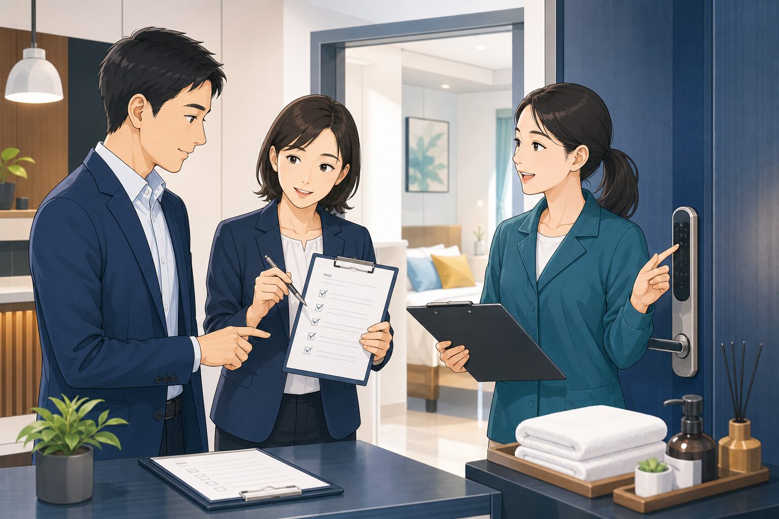申請担当者と管理会社が契約書・鍵・現地運用を照合するイラスト