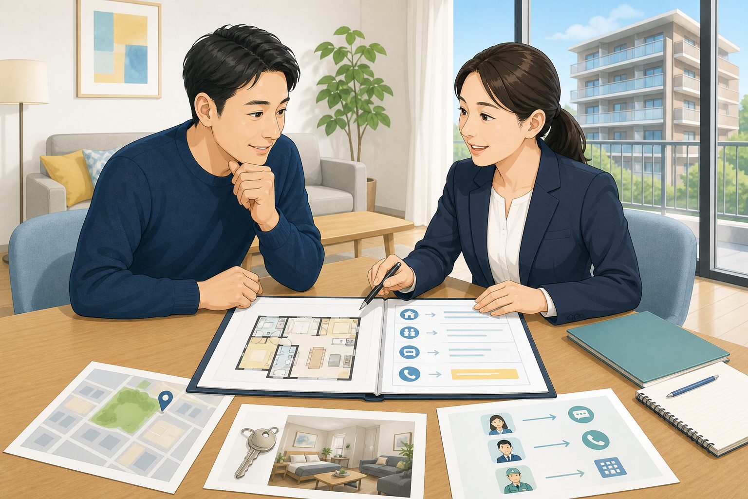 管理会社と民泊事業者が申請前の運営体制を確認するイラスト