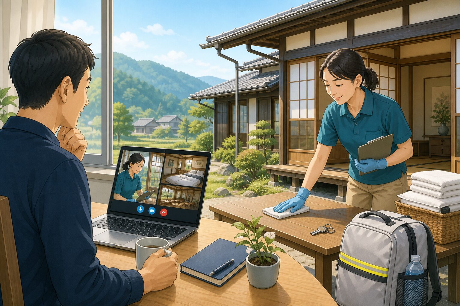 遠方の所有者と現地スタッフが民泊の清掃・点検を連携するイラスト