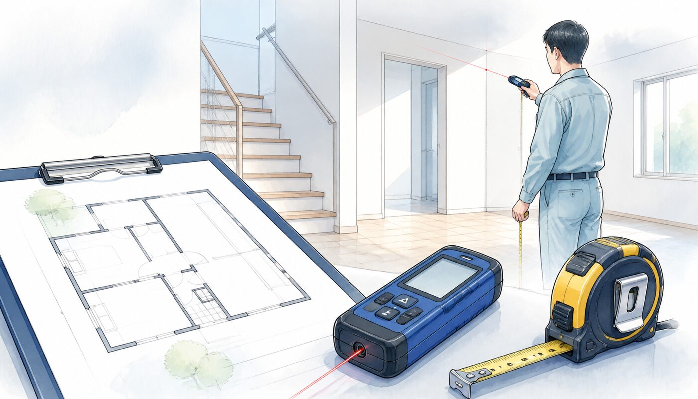 民泊候補物件でレーザー距離計を使い図面と現況を照合する