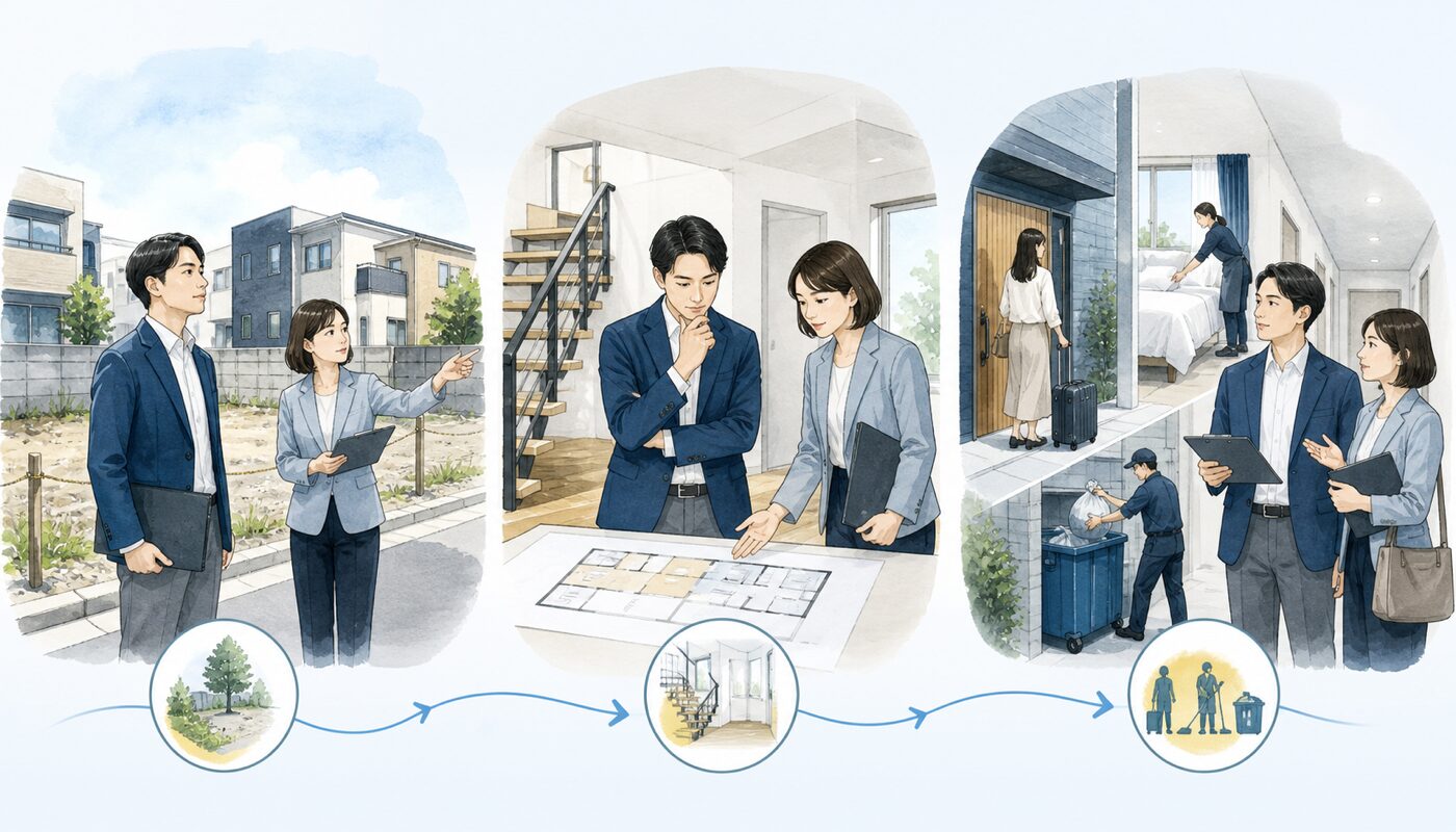 民泊物件の内見で外周、建物内部、運営動線を3回に分けて確認する