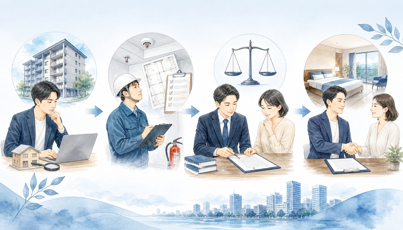 民泊物件の契約前に一次確認、詳細調査、契約条件整理、契約判断へ進む流れ