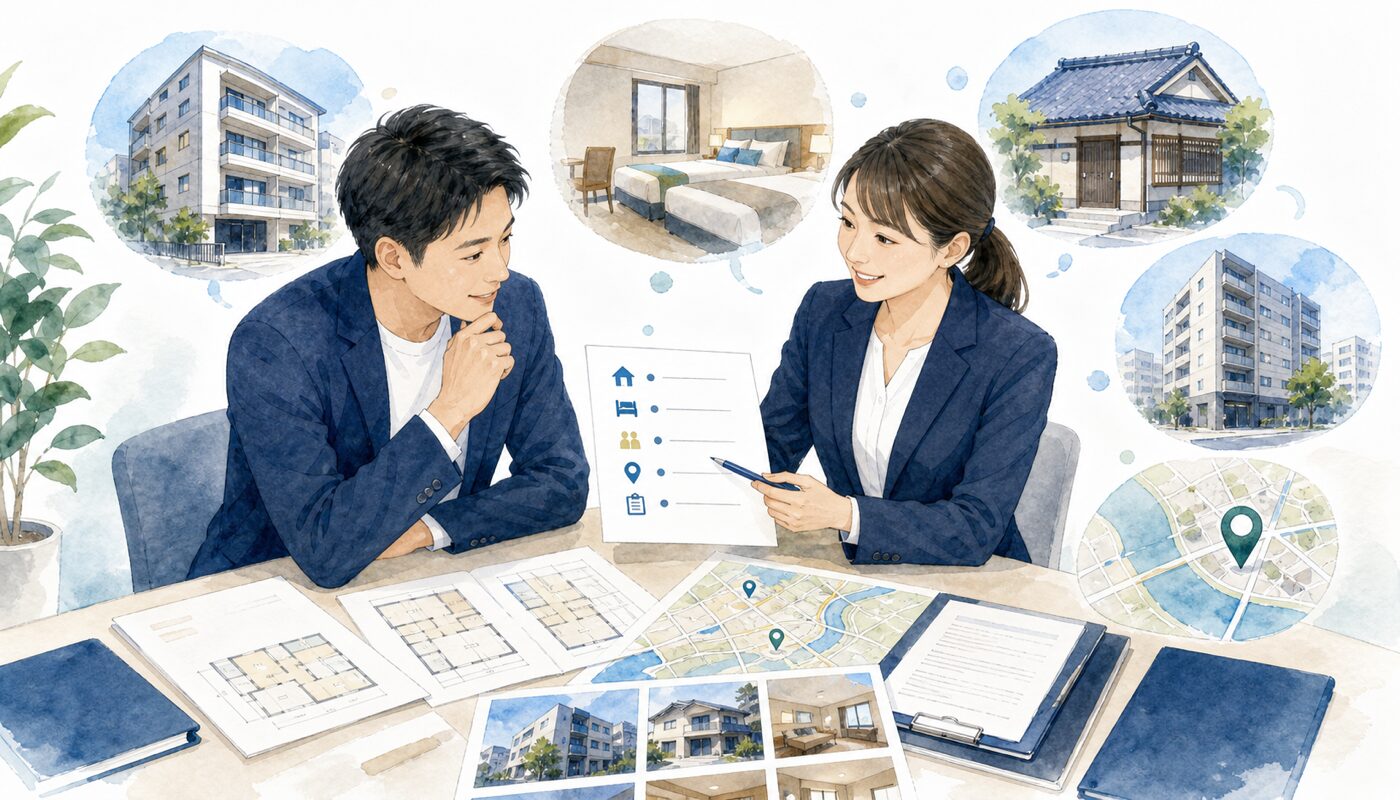 民泊物件を探すとき不動産会社に伝える希望制度、物件種別、エリア、規模、権利関係と必要資料
