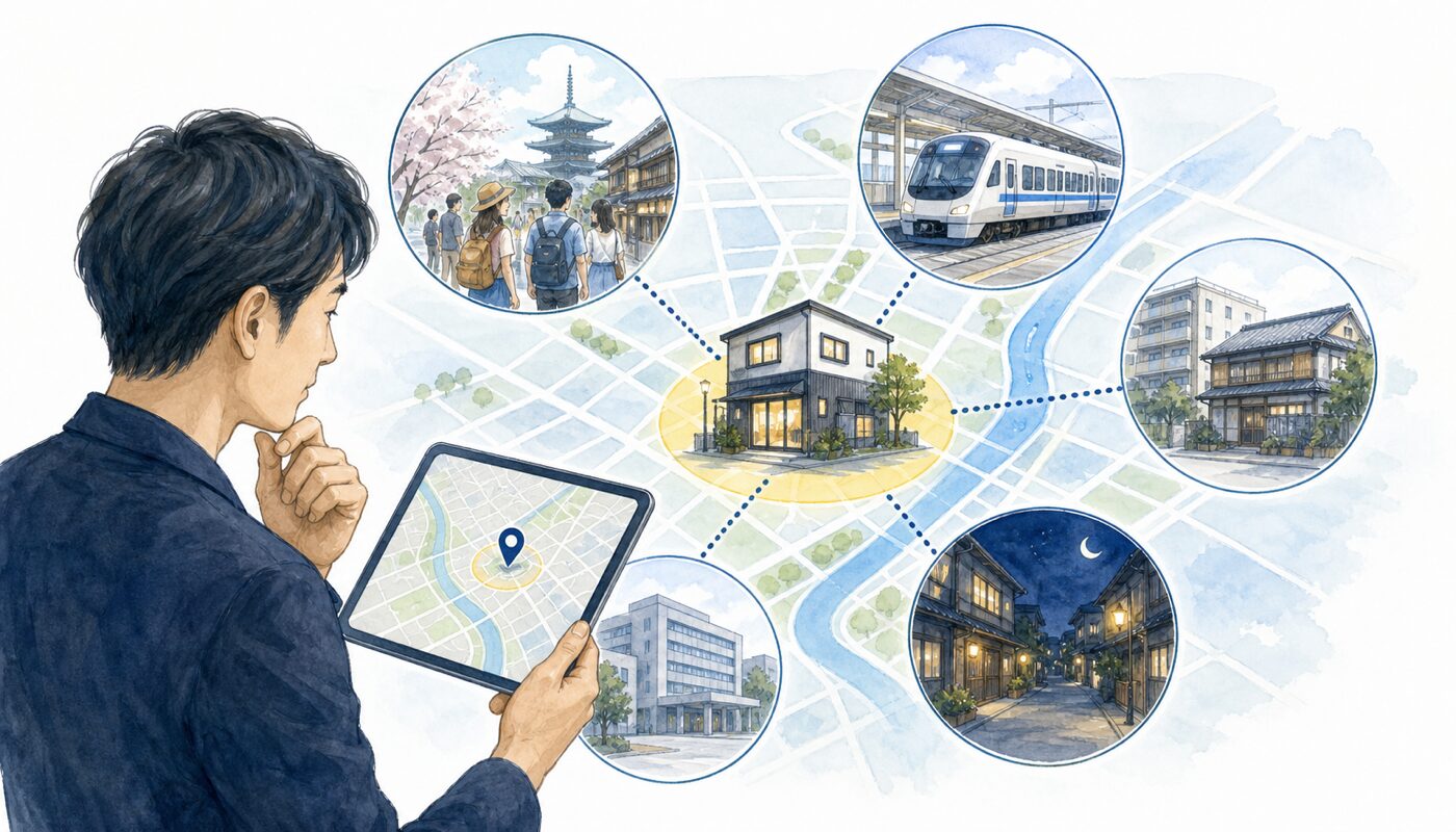 民泊物件の立地を需要、アクセス、競合、自治体条例、現地環境で評価する観点
