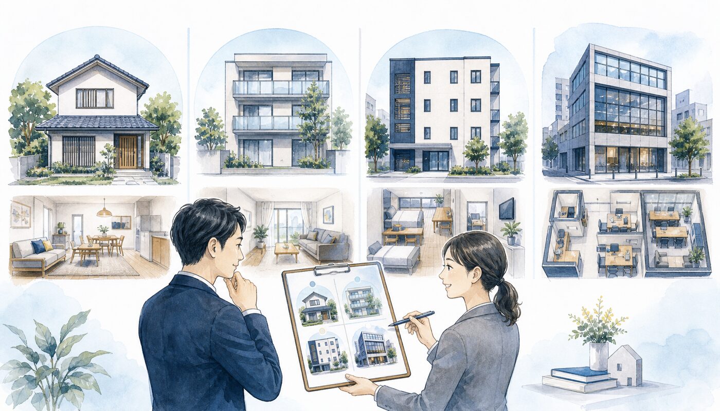 民泊・旅館業に使う戸建て、区分マンション、一棟共同住宅、事業ビル一室の比較