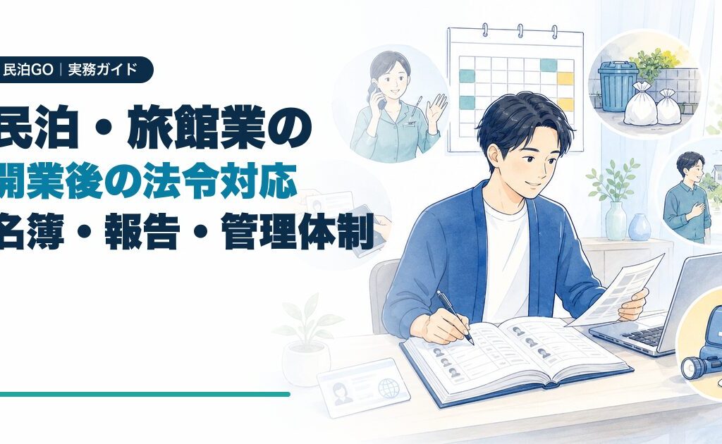 民泊・旅館業の開業後に必要な名簿・報告・管理体制を解説するアイキャッチ画像