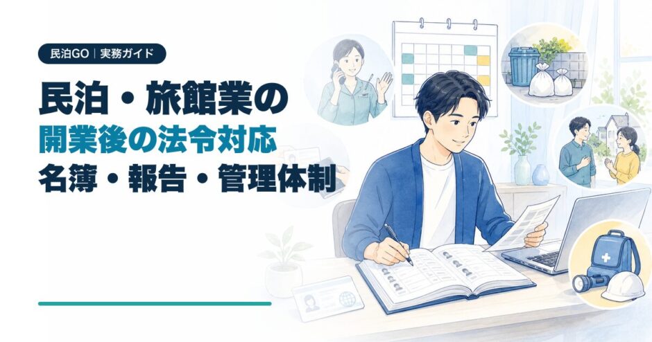民泊・旅館業の開業後に必要な名簿・報告・管理体制を解説するアイキャッチ画像