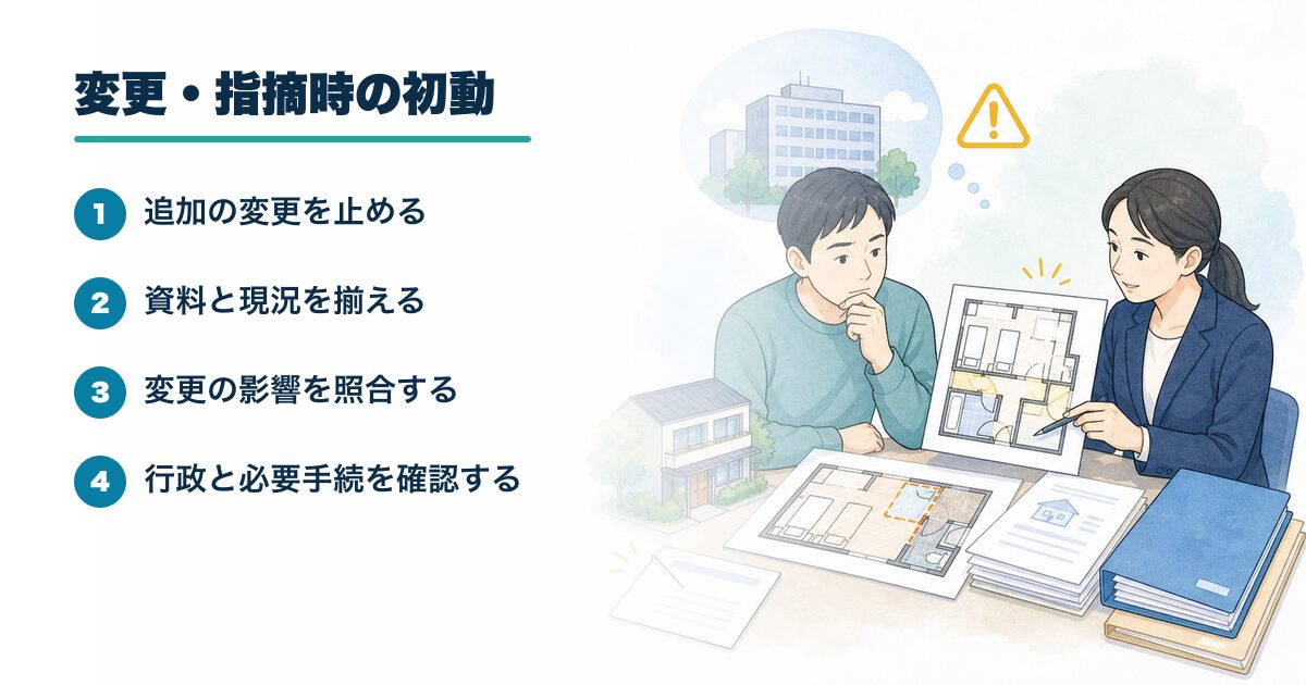 民泊・旅館業の変更・行政指摘時の初動を示す図解